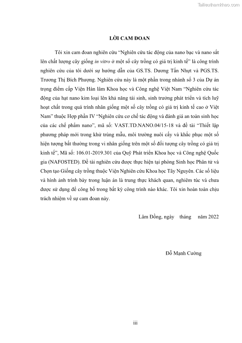 Luận án tiến sĩ công nghệ sinh học Nghiên cứu tác động của nano bạc và nano sắt lên chất lượng cây giống in vitro ở một số cây trồng có giá trị kinh tế - 1 Trang 5
