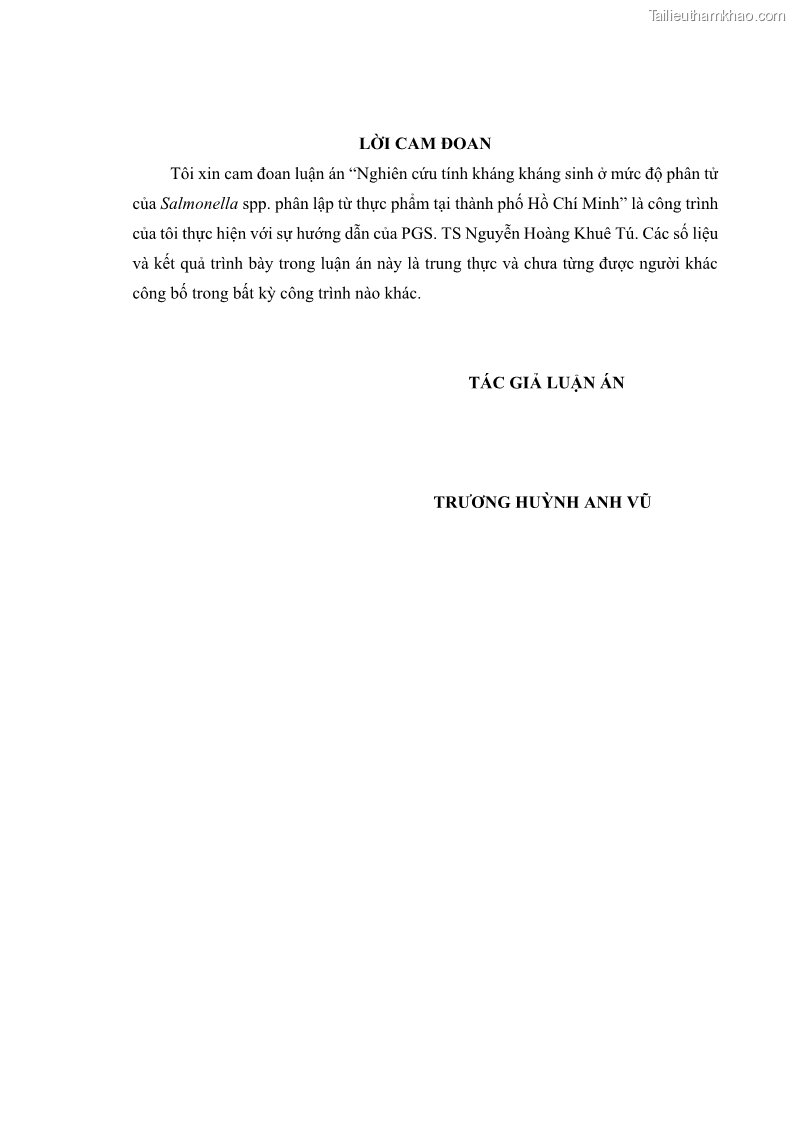 Luận án tiến sĩ công nghệ sinh học Nghiên cứu tính kháng kháng sinh ở mức độ phân tử của Salmonella spp. phân lập từ thực phẩm tại thành phố Hồ Chí Minh - 1 Trang 3