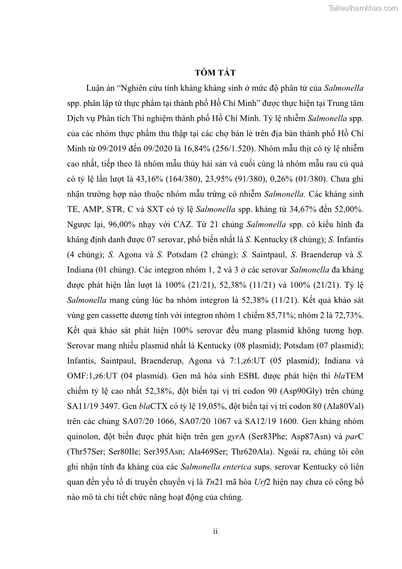 Luận án tiến sĩ công nghệ sinh học Nghiên cứu tính kháng kháng sinh ở mức độ phân tử của Salmonella spp. phân lập từ thực phẩm tại thành phố Hồ Chí Minh - 1 Trang 5