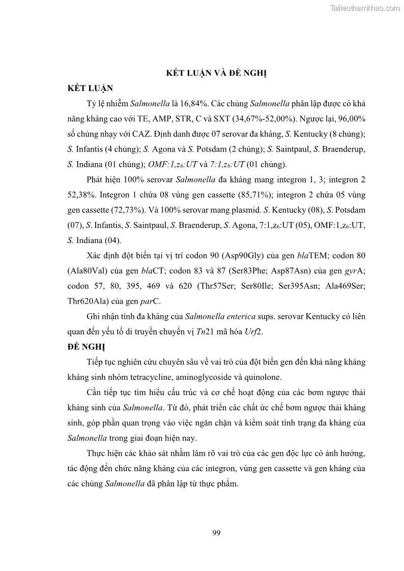 Luận án tiến sĩ công nghệ sinh học Nghiên cứu tính kháng kháng sinh ở mức độ phân tử của Salmonella spp. phân lập từ thực phẩm tại thành phố Hồ Chí Minh - 10 Trang 114