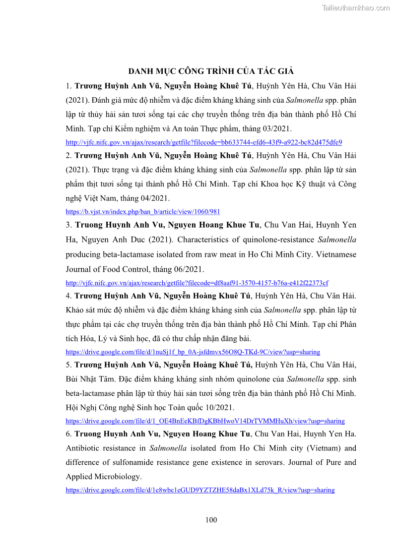 Luận án tiến sĩ công nghệ sinh học Nghiên cứu tính kháng kháng sinh ở mức độ phân tử của Salmonella spp. phân lập từ thực phẩm tại thành phố Hồ Chí Minh - 10 Trang 115