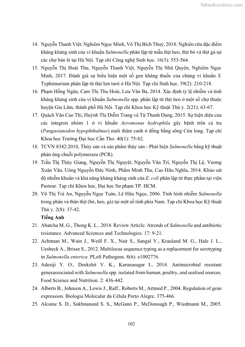 Luận án tiến sĩ công nghệ sinh học Nghiên cứu tính kháng kháng sinh ở mức độ phân tử của Salmonella spp. phân lập từ thực phẩm tại thành phố Hồ Chí Minh - 10 Trang 117