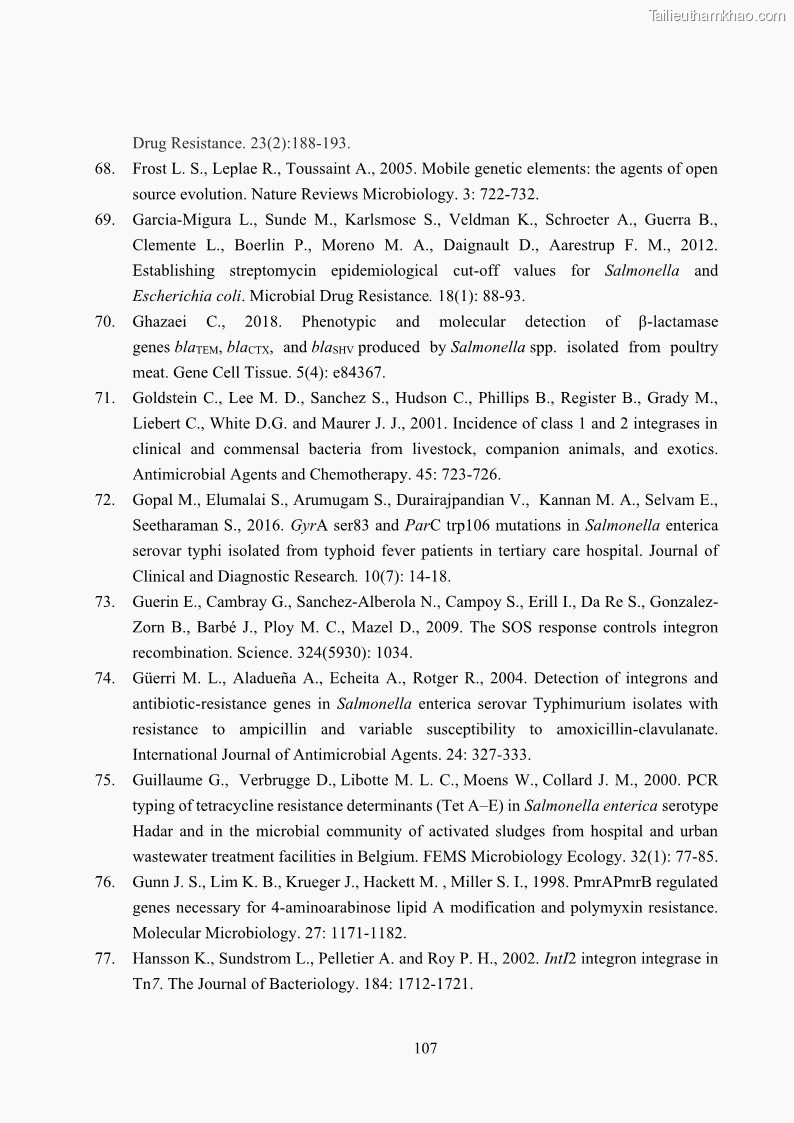 Luận án tiến sĩ công nghệ sinh học Nghiên cứu tính kháng kháng sinh ở mức độ phân tử của Salmonella spp. phân lập từ thực phẩm tại thành phố Hồ Chí Minh - 11 Trang 122
