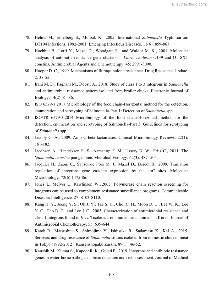 Luận án tiến sĩ công nghệ sinh học Nghiên cứu tính kháng kháng sinh ở mức độ phân tử của Salmonella spp. phân lập từ thực phẩm tại thành phố Hồ Chí Minh - 11 Trang 123