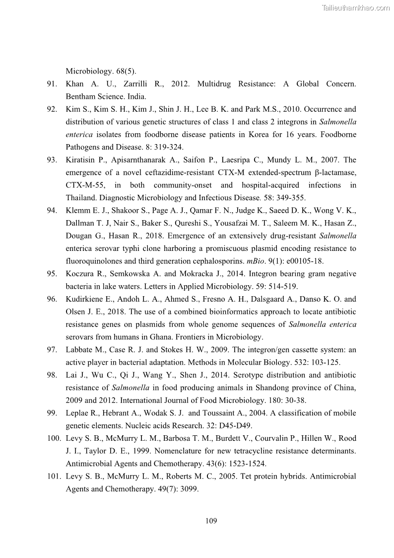 Luận án tiến sĩ công nghệ sinh học Nghiên cứu tính kháng kháng sinh ở mức độ phân tử của Salmonella spp. phân lập từ thực phẩm tại thành phố Hồ Chí Minh - 11 Trang 124