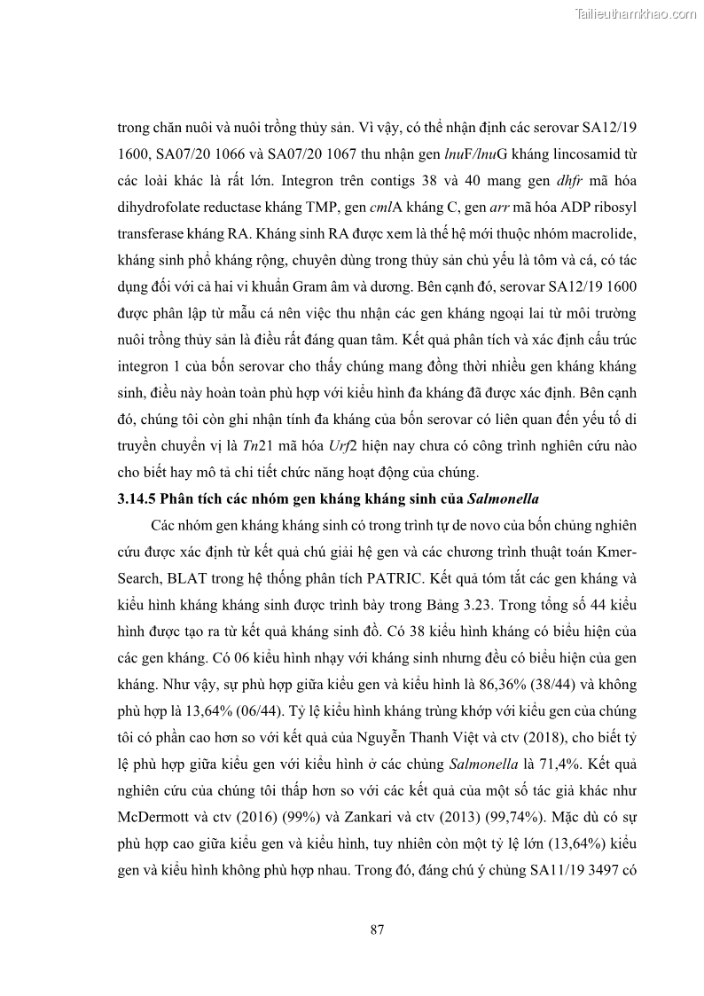 Luận án tiến sĩ công nghệ sinh học Nghiên cứu tính kháng kháng sinh ở mức độ phân tử của Salmonella spp. phân lập từ thực phẩm tại thành phố Hồ Chí Minh - 9 Trang 102
