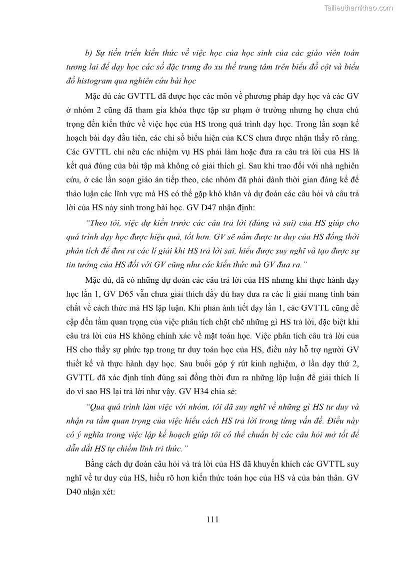 Luận án tiến sĩ giáo dục học Phát triển kiến thức và thực hành nghiệp vụ của giáo viên Toán tương lai để dạy học thống kê - 11 Trang 125