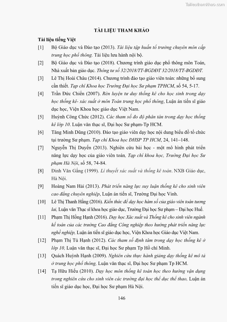 Luận án tiến sĩ giáo dục học Phát triển kiến thức và thực hành nghiệp vụ của giáo viên Toán tương lai để dạy học thống kê - 14 Trang 160