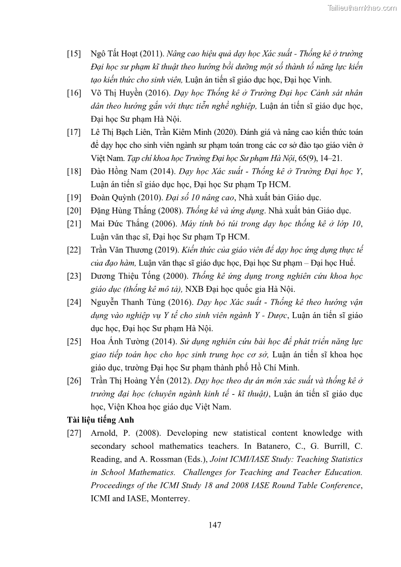 Luận án tiến sĩ giáo dục học Phát triển kiến thức và thực hành nghiệp vụ của giáo viên Toán tương lai để dạy học thống kê - 14 Trang 161