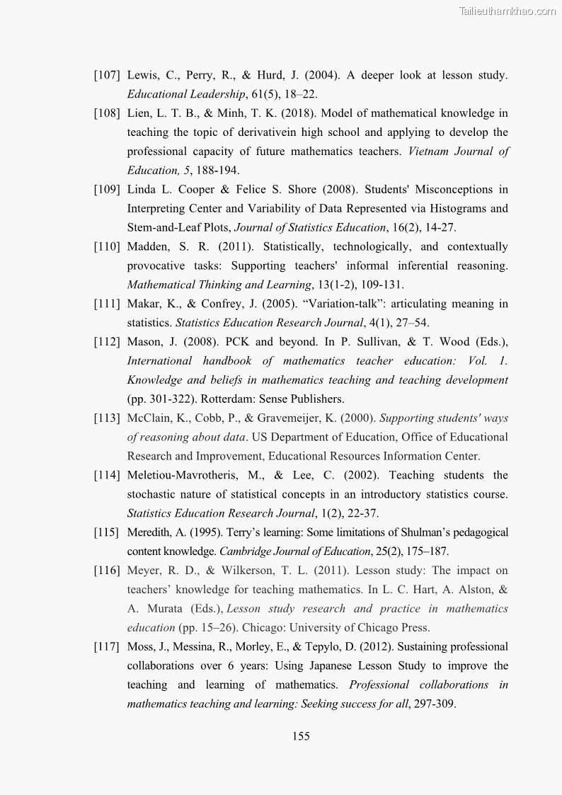 Luận án tiến sĩ giáo dục học Phát triển kiến thức và thực hành nghiệp vụ của giáo viên Toán tương lai để dạy học thống kê - 15 Trang 169