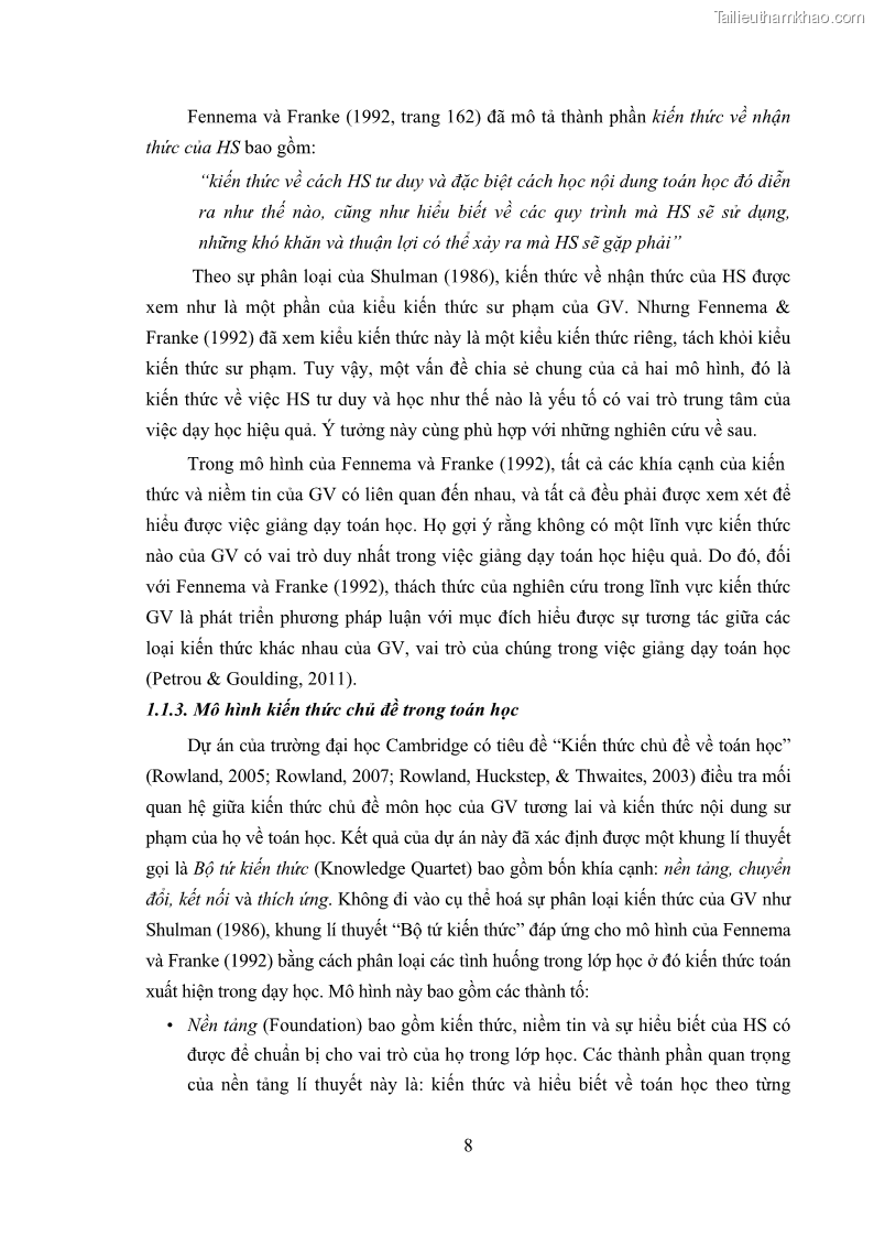 Luận án tiến sĩ giáo dục học Phát triển kiến thức và thực hành nghiệp vụ của giáo viên Toán tương lai để dạy học thống kê - 2 Trang 22
