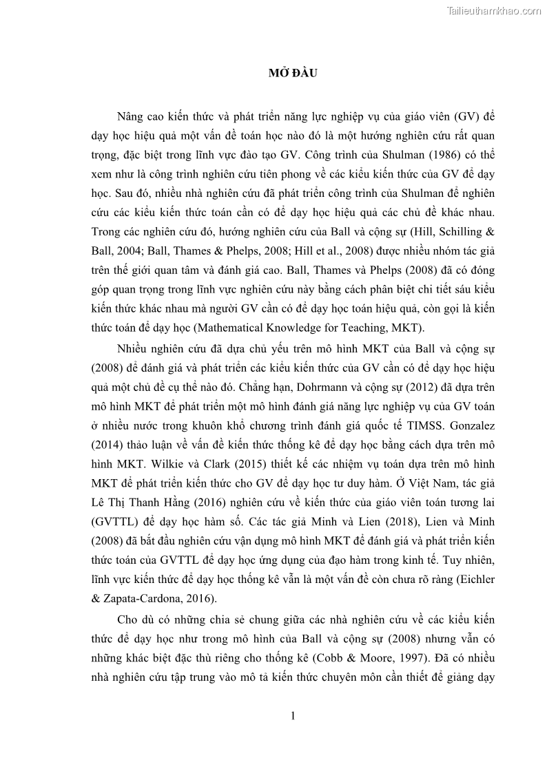 Luận án tiến sĩ giáo dục học Phát triển kiến thức và thực hành nghiệp vụ của giáo viên Toán tương lai để dạy học thống kê - 2 Trang 15