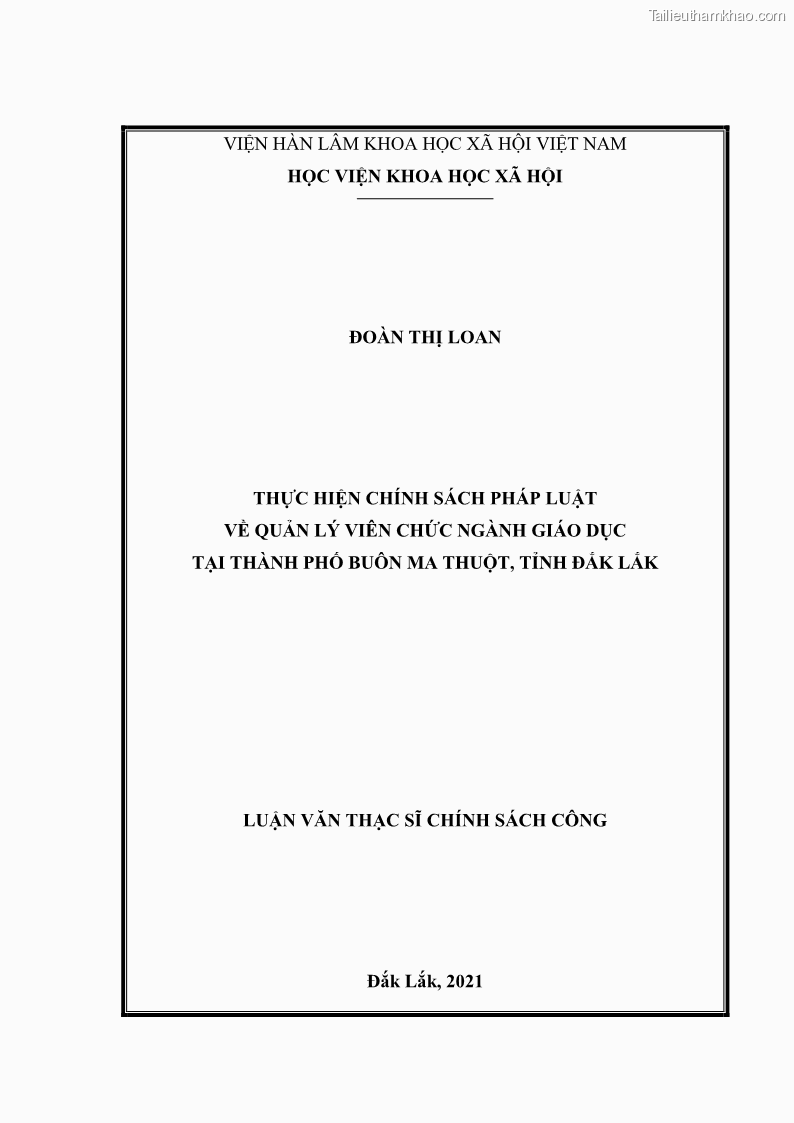 Luận văn thạc sĩ chính sách công Thực hiện chính sách pháp luật về quản lý viên chức ngành giáo dục tại thành phố Buôn Ma Thuột, tỉnh Đắk Lắk - 1 Trang 1