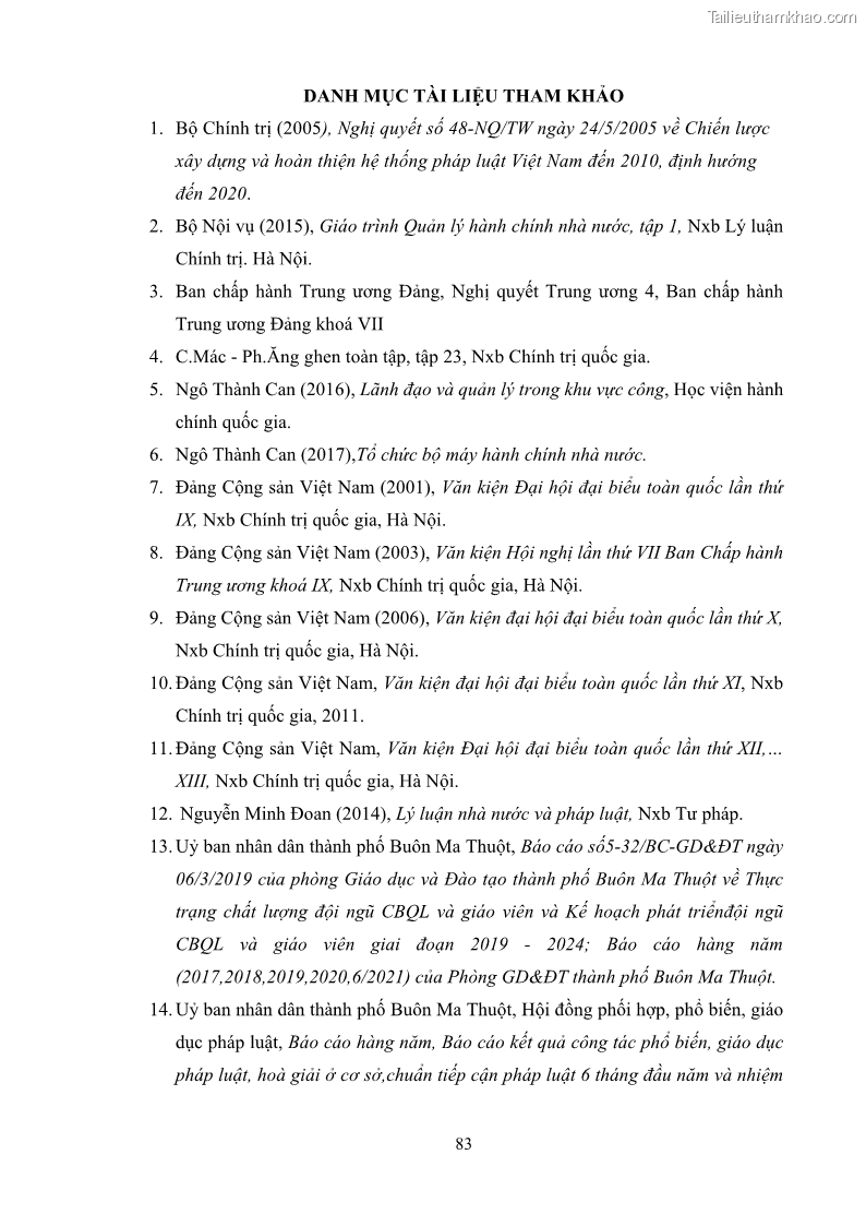 Luận văn thạc sĩ chính sách công Thực hiện chính sách pháp luật về quản lý viên chức ngành giáo dục tại thành phố Buôn Ma Thuột, tỉnh Đắk Lắk - 8 Trang 91