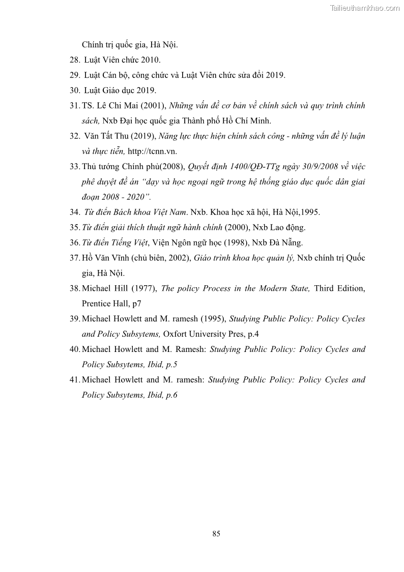 Luận văn thạc sĩ chính sách công Thực hiện chính sách pháp luật về quản lý viên chức ngành giáo dục tại thành phố Buôn Ma Thuột, tỉnh Đắk Lắk - 8 Trang 93