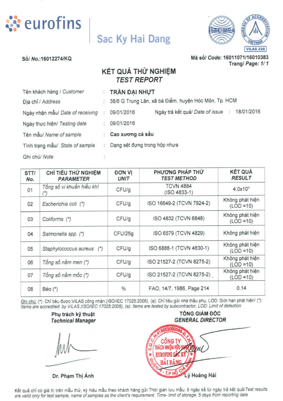 Phụ lục 64 Kết quả phân tích vi sinh sản phẩm cuối cùng Phụ lục 65 Kết 1