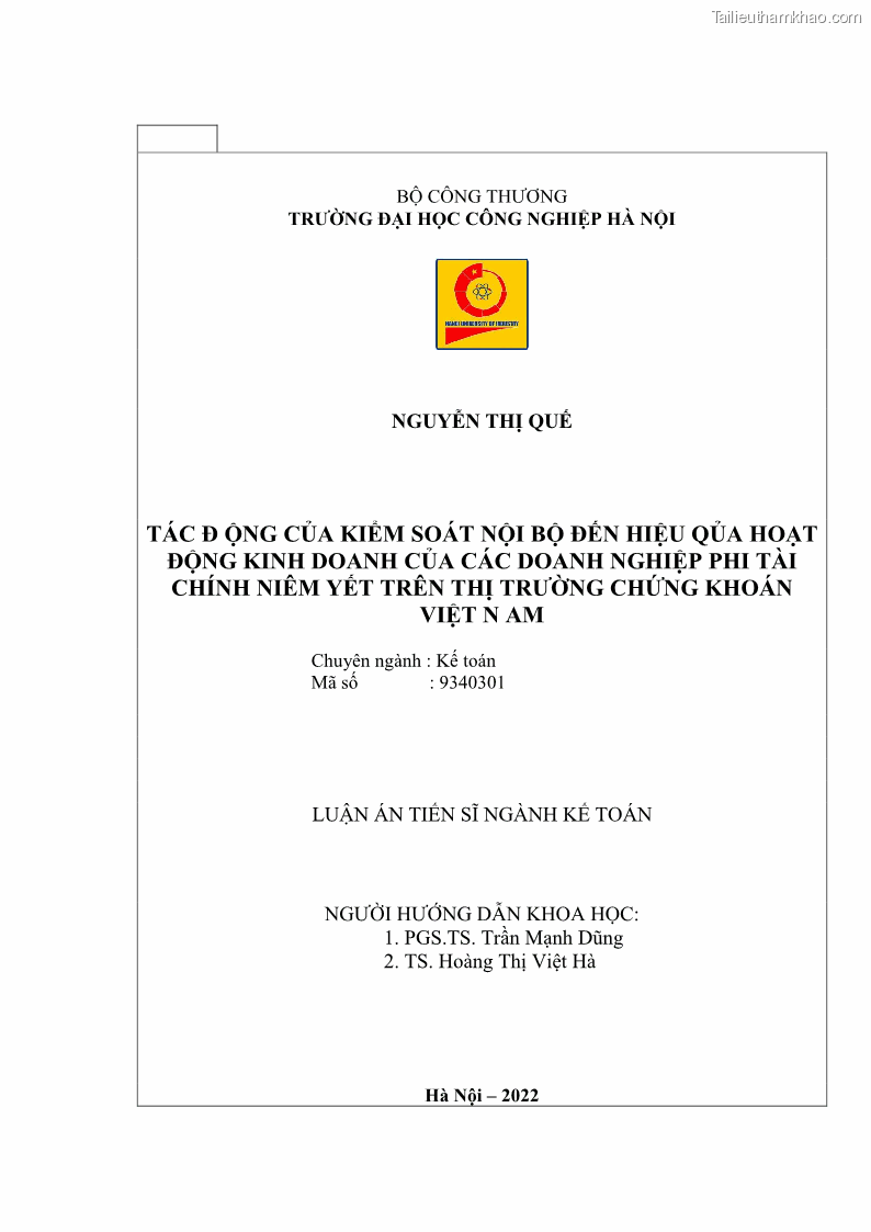 Luận án tiến sĩ kế toán Tác động của kiểm soát nội bộ đến hiệu quả hoạt động kinh doanh của các Doanh nghiệp phi tổ chức niêm yết trên Thị trường chứng khoán Việt Nam - 1 Trang 2