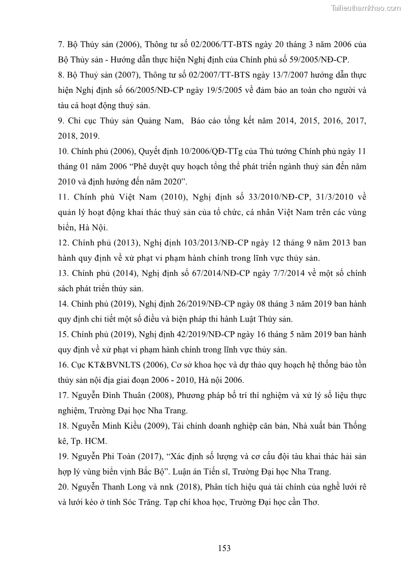 Luận án tiến sĩ khai thác thủy sản Nâng cao hiệu quả khai thác và bảo vệ nguồn lợi thủy sản tại vùng biển ven bờ tỉnh Quảng Nam - 15 Trang 169