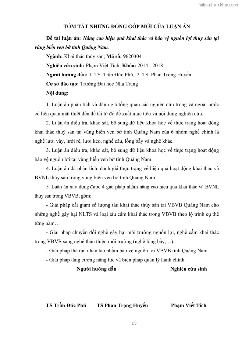 Luận án tiến sĩ khai thác thủy sản Nâng cao hiệu quả khai thác và bảo vệ nguồn lợi thủy sản tại vùng biển ven bờ tỉnh Quảng Nam - 2 Trang 15