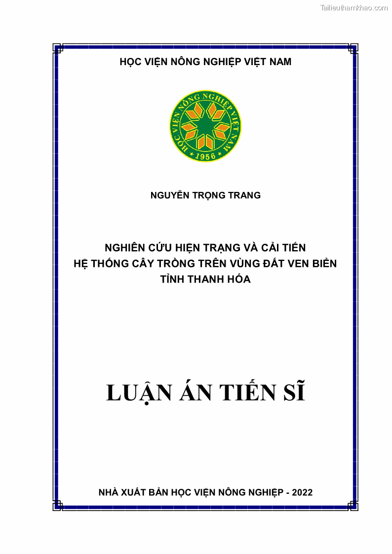 Luận án tiến sĩ khoa học cây trồng Nghiên cứu hiện trạng và cải tiến hệ thống cây trồng trên vùng đất ven biển tỉnh Thanh Hóa - 1 Trang 1