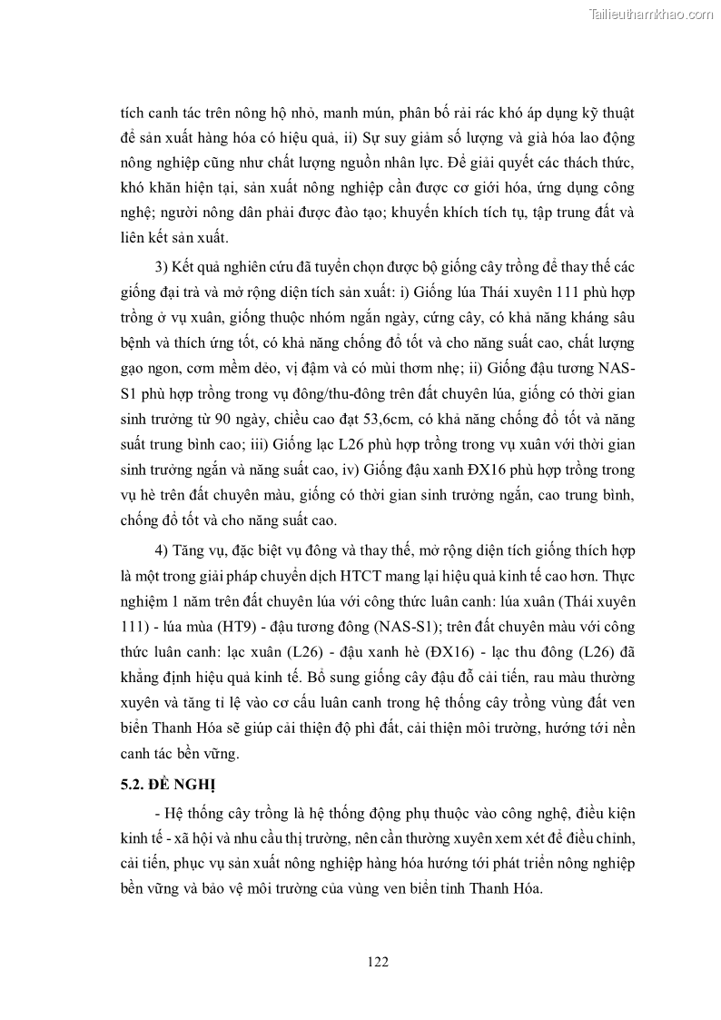 Luận án tiến sĩ khoa học cây trồng Nghiên cứu hiện trạng và cải tiến hệ thống cây trồng trên vùng đất ven biển tỉnh Thanh Hóa - 12 Trang 138
