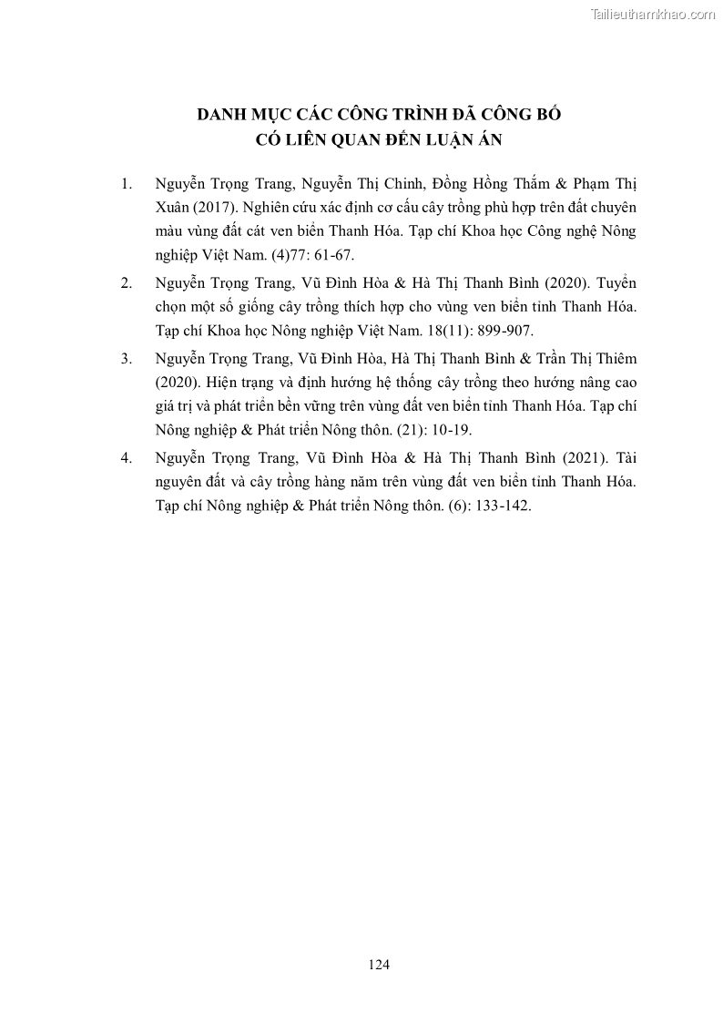 Luận án tiến sĩ khoa học cây trồng Nghiên cứu hiện trạng và cải tiến hệ thống cây trồng trên vùng đất ven biển tỉnh Thanh Hóa - 12 Trang 140