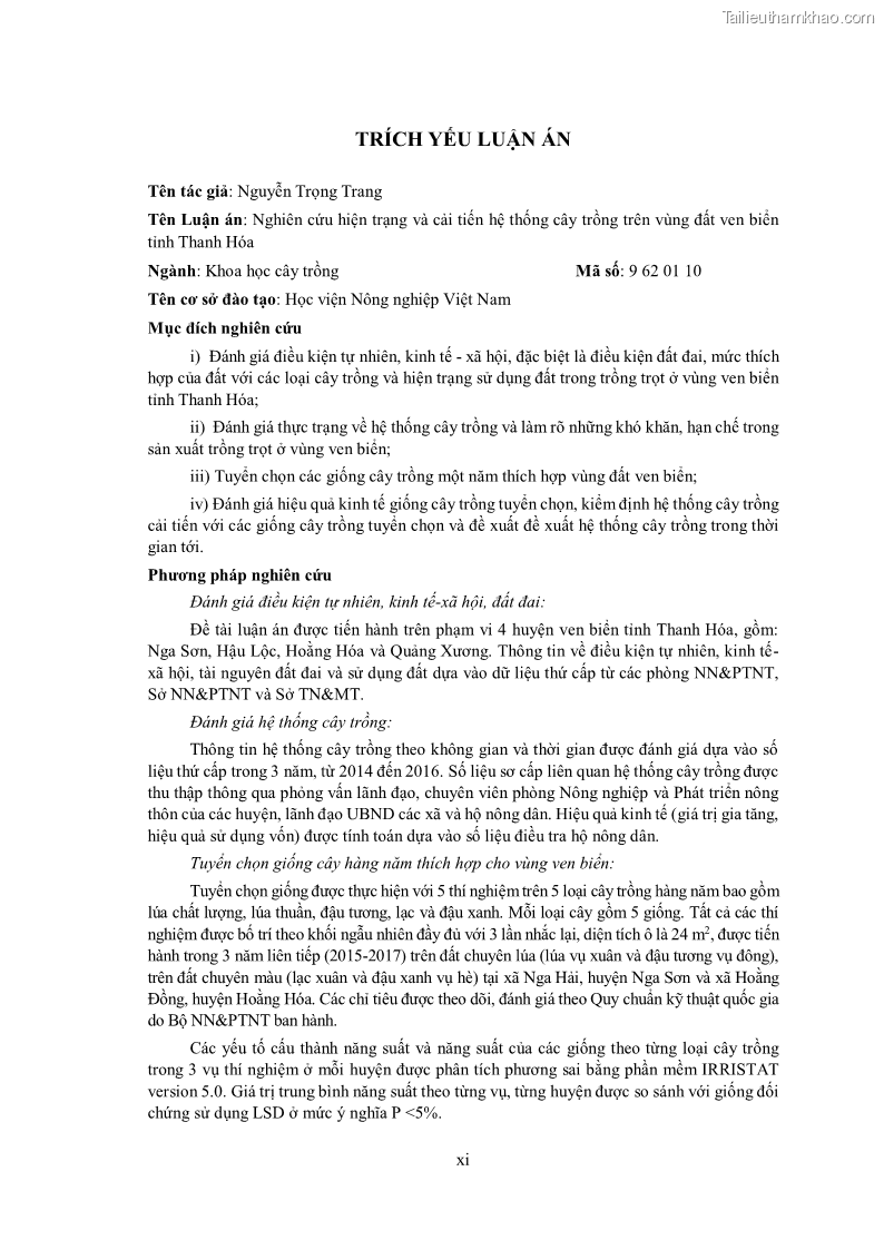 Luận án tiến sĩ khoa học cây trồng Nghiên cứu hiện trạng và cải tiến hệ thống cây trồng trên vùng đất ven biển tỉnh Thanh Hóa - 2 Trang 13
