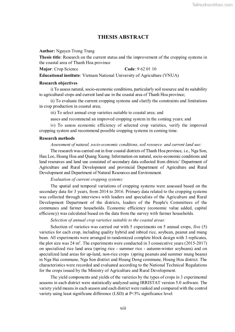 Luận án tiến sĩ khoa học cây trồng Nghiên cứu hiện trạng và cải tiến hệ thống cây trồng trên vùng đất ven biển tỉnh Thanh Hóa - 2 Trang 15