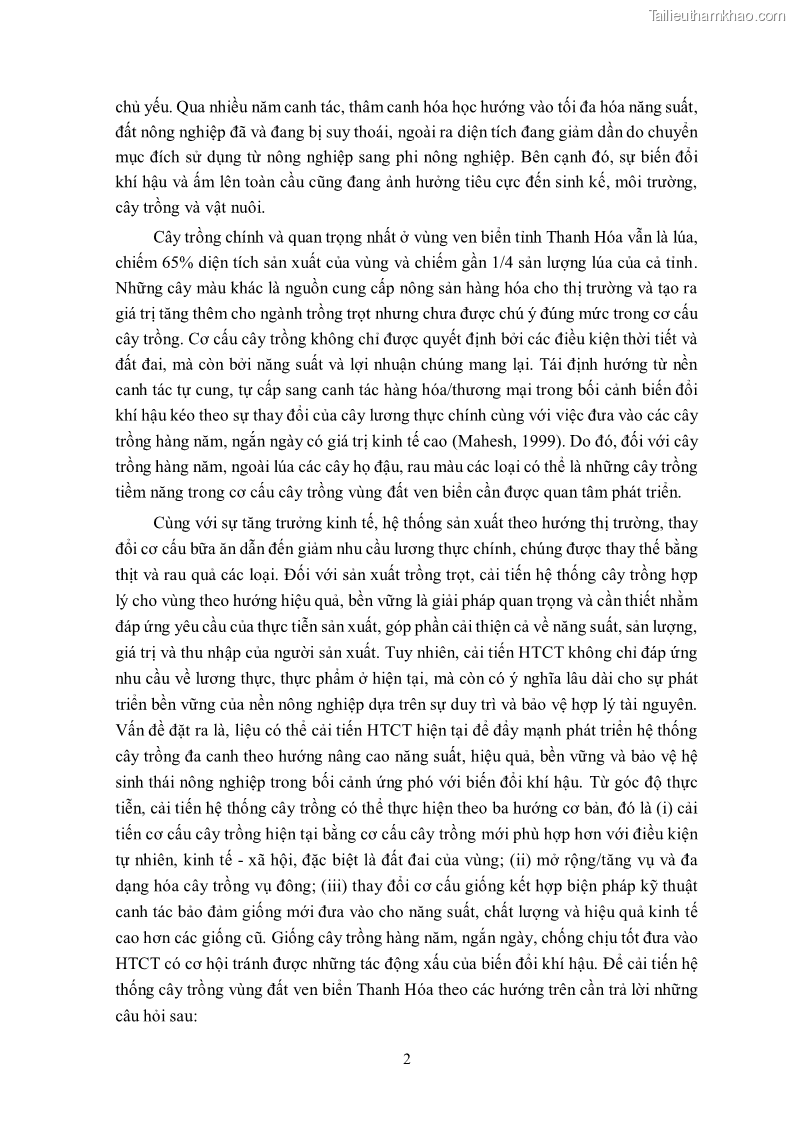 Luận án tiến sĩ khoa học cây trồng Nghiên cứu hiện trạng và cải tiến hệ thống cây trồng trên vùng đất ven biển tỉnh Thanh Hóa - 2 Trang 18