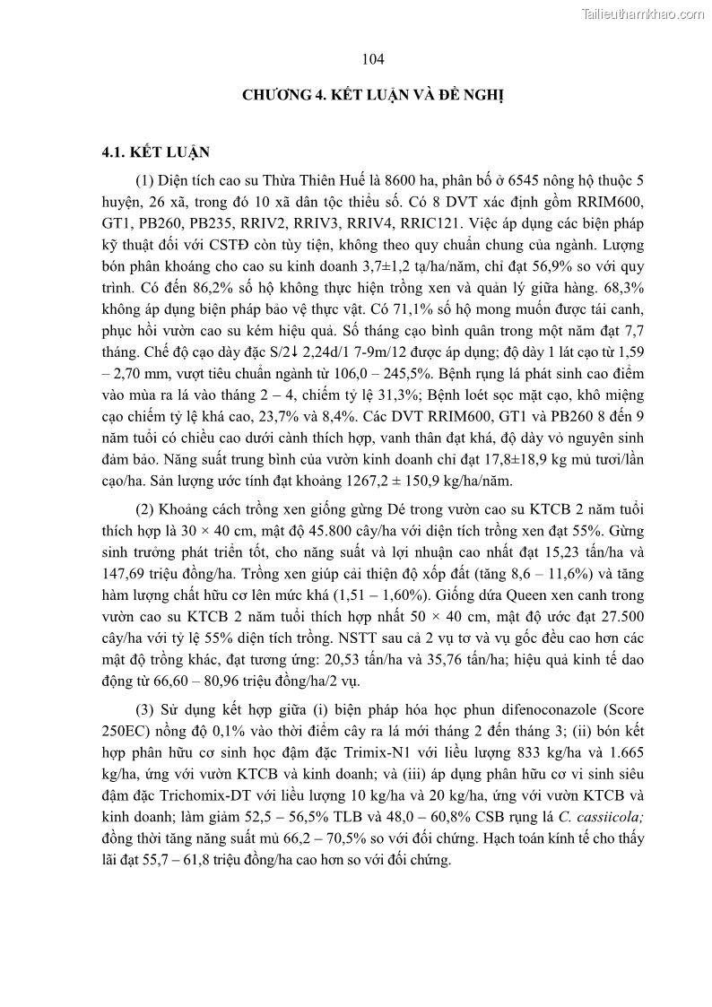 Luận án tiến sĩ khoa học cây trồng Nghiên cứu một số biện pháp kỹ thuật canh tác phù hợp cho cây cao su tiểu điền tại Thừa Thiên Huế - 10 Trang 118