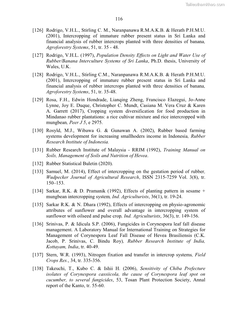 Luận án tiến sĩ khoa học cây trồng Nghiên cứu một số biện pháp kỹ thuật canh tác phù hợp cho cây cao su tiểu điền tại Thừa Thiên Huế - 11 Trang 130