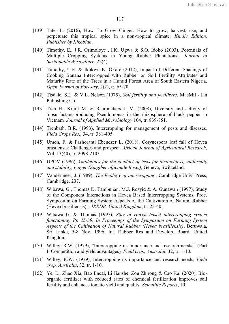 Luận án tiến sĩ khoa học cây trồng Nghiên cứu một số biện pháp kỹ thuật canh tác phù hợp cho cây cao su tiểu điền tại Thừa Thiên Huế - 11 Trang 131