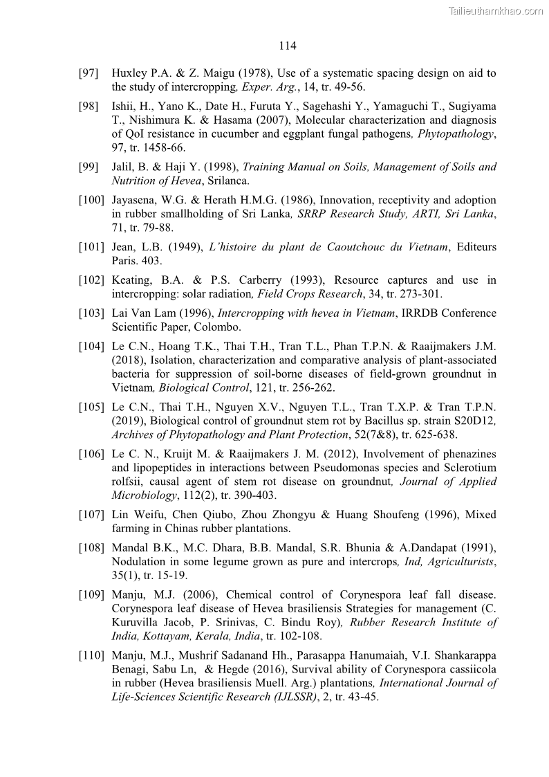 Luận án tiến sĩ khoa học cây trồng Nghiên cứu một số biện pháp kỹ thuật canh tác phù hợp cho cây cao su tiểu điền tại Thừa Thiên Huế - 11 Trang 128