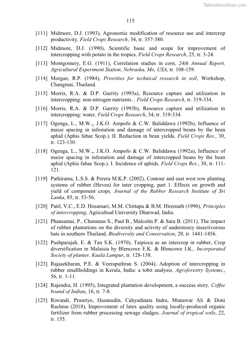 Luận án tiến sĩ khoa học cây trồng Nghiên cứu một số biện pháp kỹ thuật canh tác phù hợp cho cây cao su tiểu điền tại Thừa Thiên Huế - 11 Trang 129