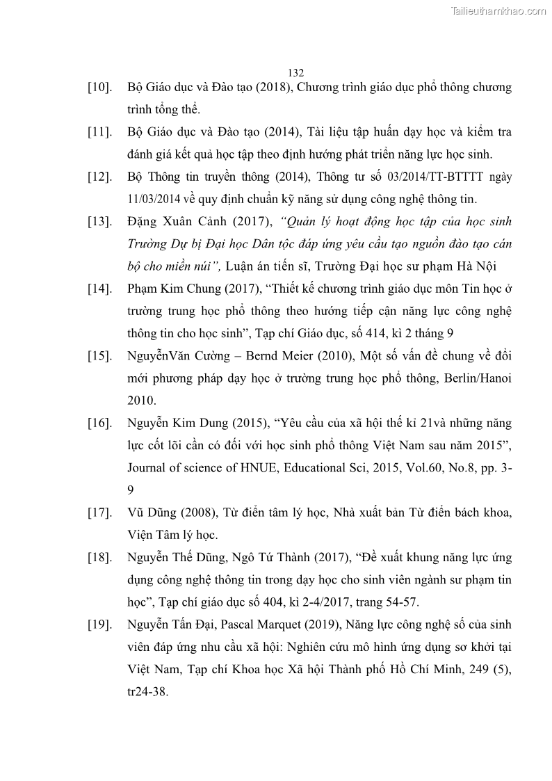 Luận án tiến sĩ khoa học giáo dục Phát triển năng lực sử dụng công nghệ thông tin và truyền thông trong dạy học Tin học cho học sinh dự bị Đại học Dân tộc - 12 Trang 144