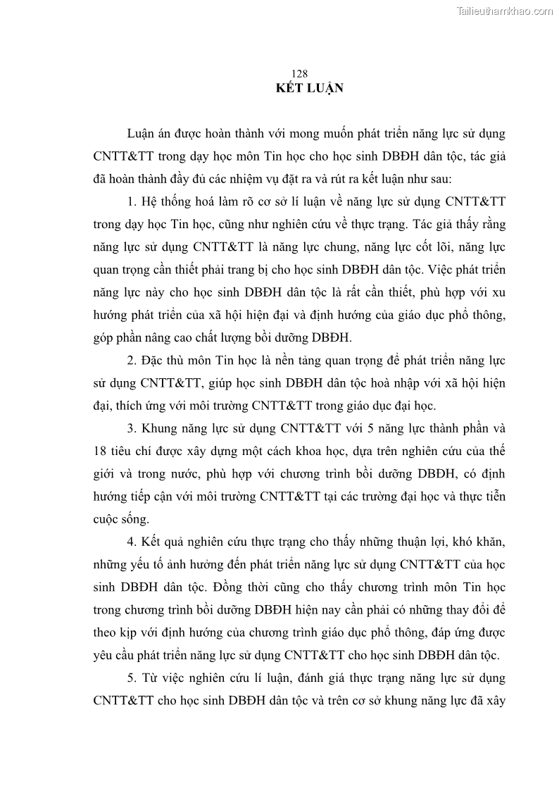 Luận án tiến sĩ khoa học giáo dục Phát triển năng lực sử dụng công nghệ thông tin và truyền thông trong dạy học Tin học cho học sinh dự bị Đại học Dân tộc - 12 Trang 140