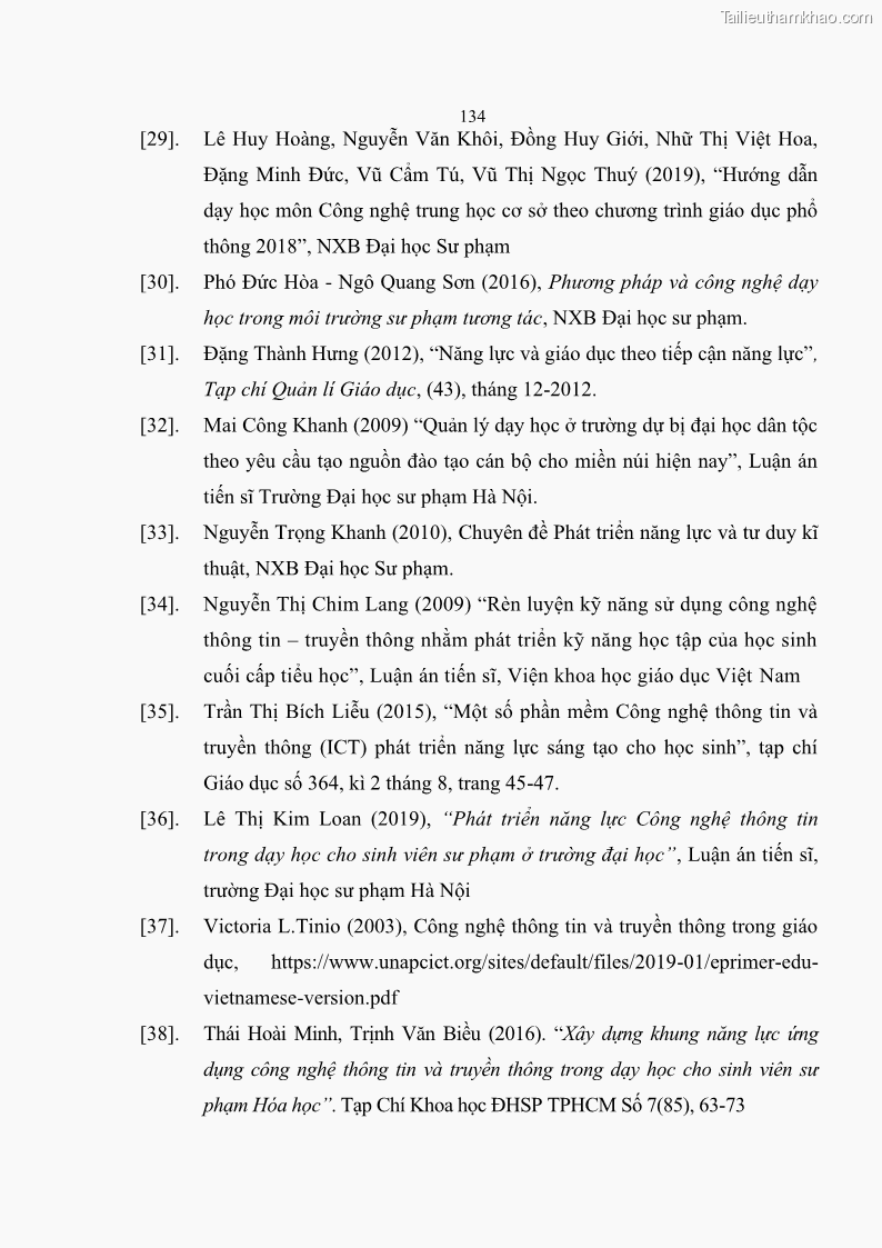 Luận án tiến sĩ khoa học giáo dục Phát triển năng lực sử dụng công nghệ thông tin và truyền thông trong dạy học Tin học cho học sinh dự bị Đại học Dân tộc - 13 Trang 146