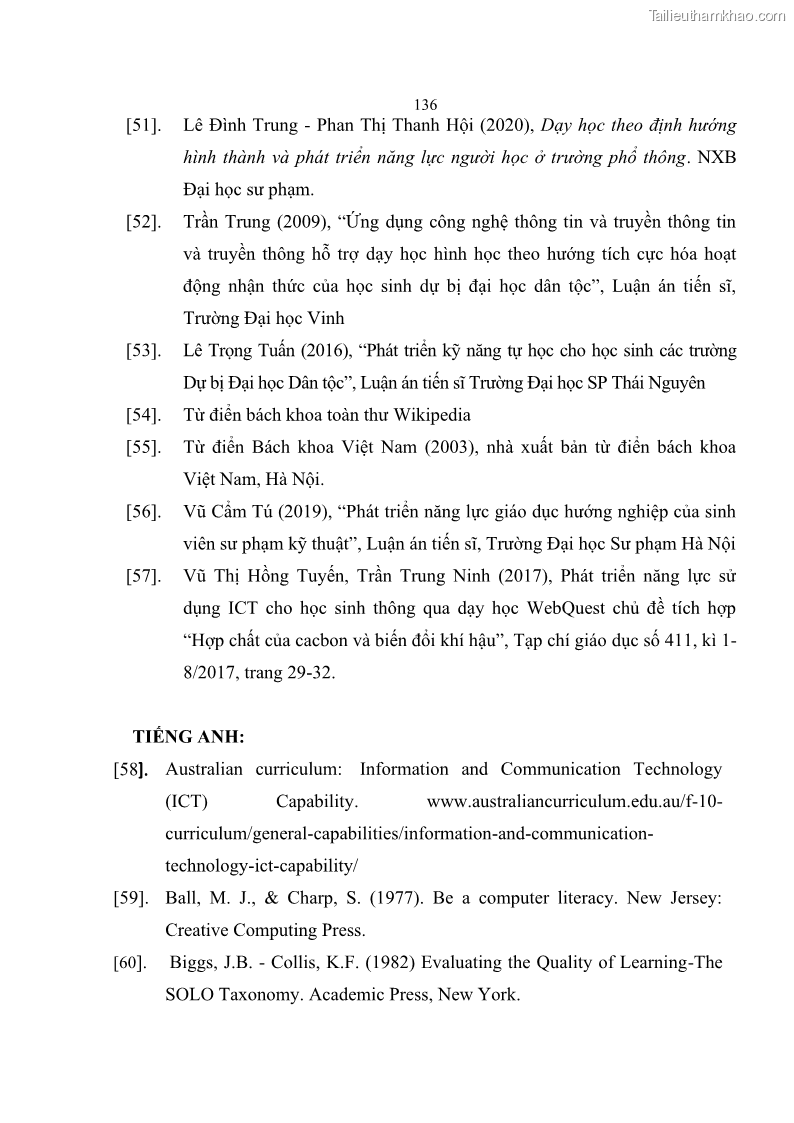 Luận án tiến sĩ khoa học giáo dục Phát triển năng lực sử dụng công nghệ thông tin và truyền thông trong dạy học Tin học cho học sinh dự bị Đại học Dân tộc - 13 Trang 148