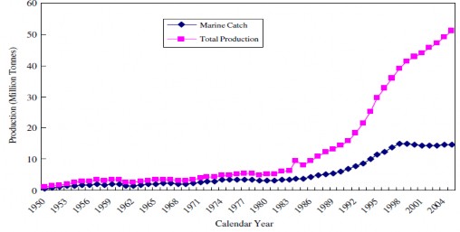 Hình 1 1 Sản lượng nghề cá Trung Quốc và sản lượng khai thác 1950 2004 Sự 1