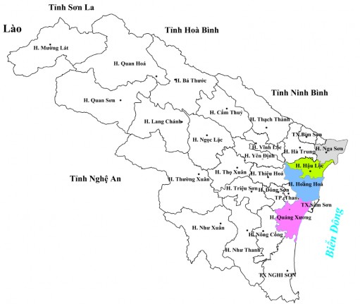 Hình 4 1 Vị trí 4 huyện ven biển Thanh Hóa được nghiên cứu vùng tô màu Nằm 1