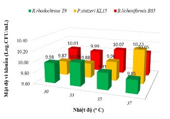 Hình 3 19 Ảnh hưởng của nhiệt độ đến sinh khối ba chủng vi khuẩn Hình 3 19 6
