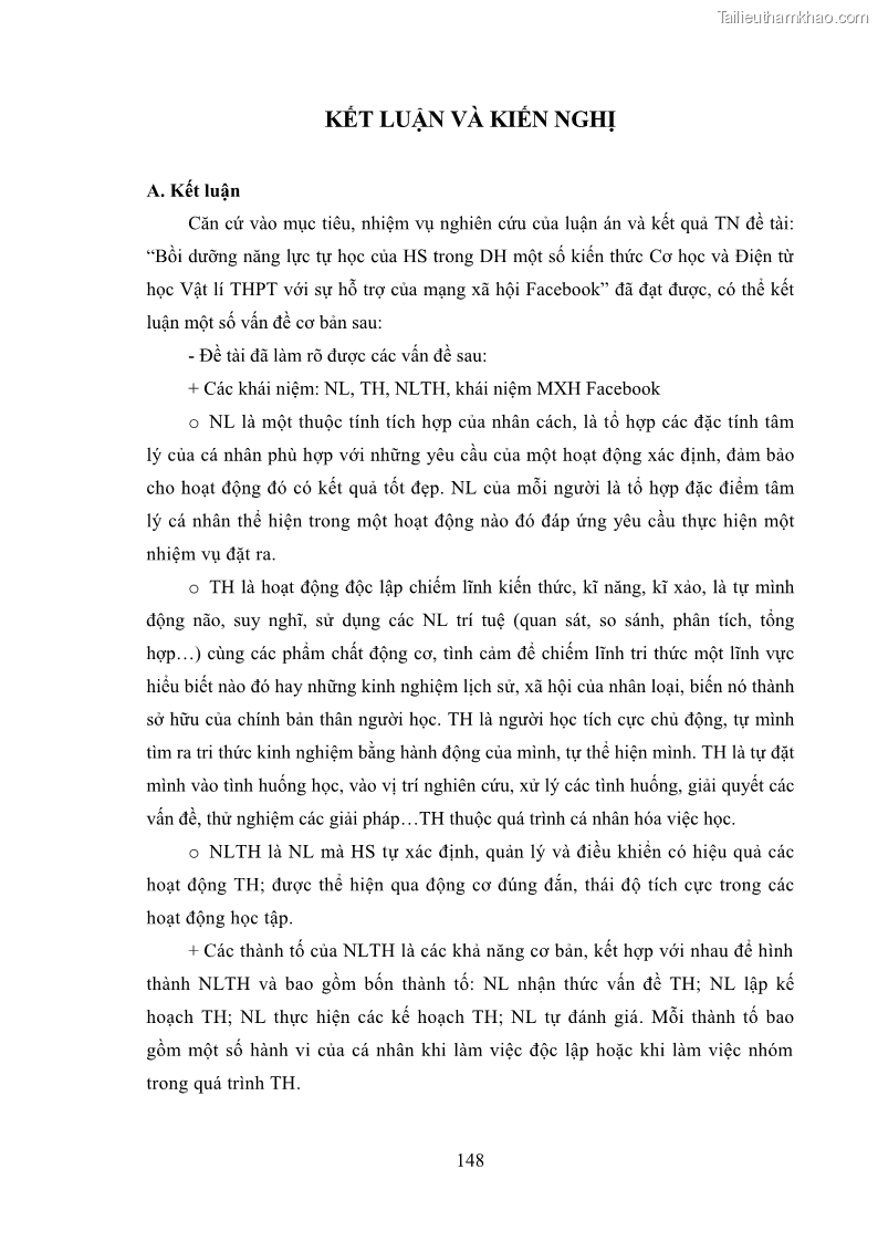 Luận án tiến sĩ Bồi dưỡng năng lực tự học của học sinh trong dạy học một số kiến thức Cơ học và Điện từ học Vật lí THPT với sự hỗ trợ của mạng xã hội Facebook - 14 Trang 163