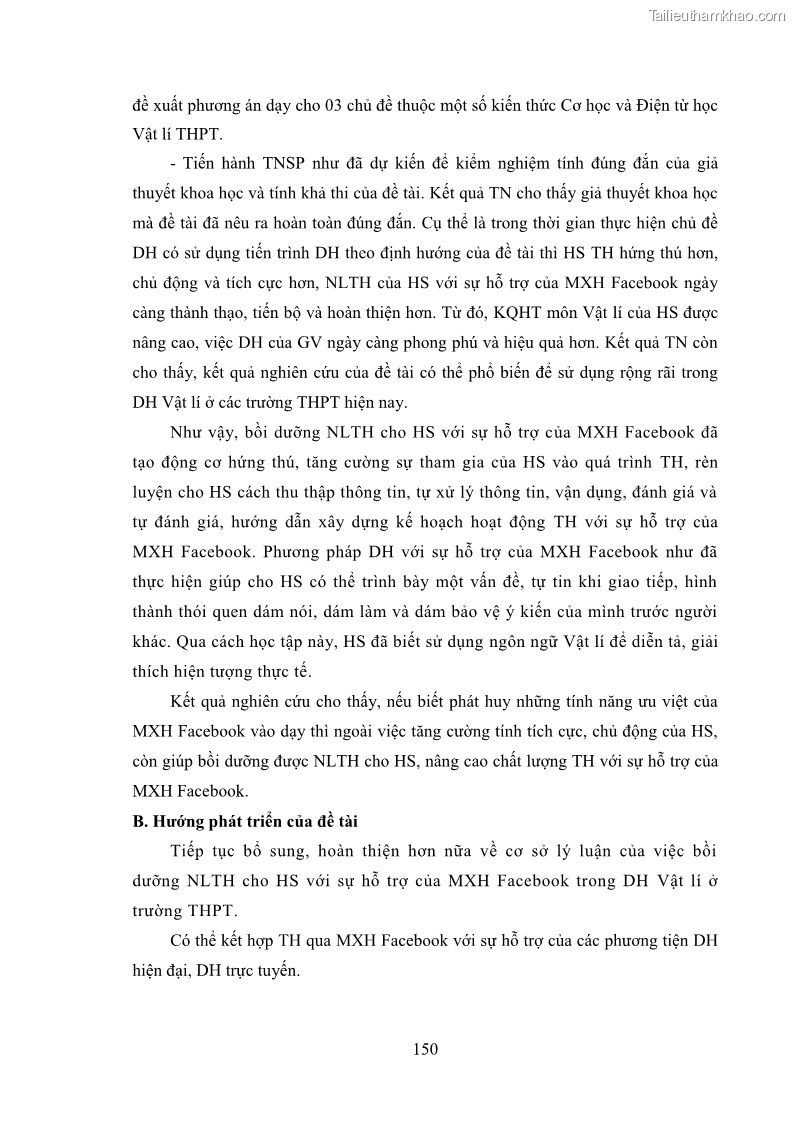 Luận án tiến sĩ Bồi dưỡng năng lực tự học của học sinh trong dạy học một số kiến thức Cơ học và Điện từ học Vật lí THPT với sự hỗ trợ của mạng xã hội Facebook - 14 Trang 165