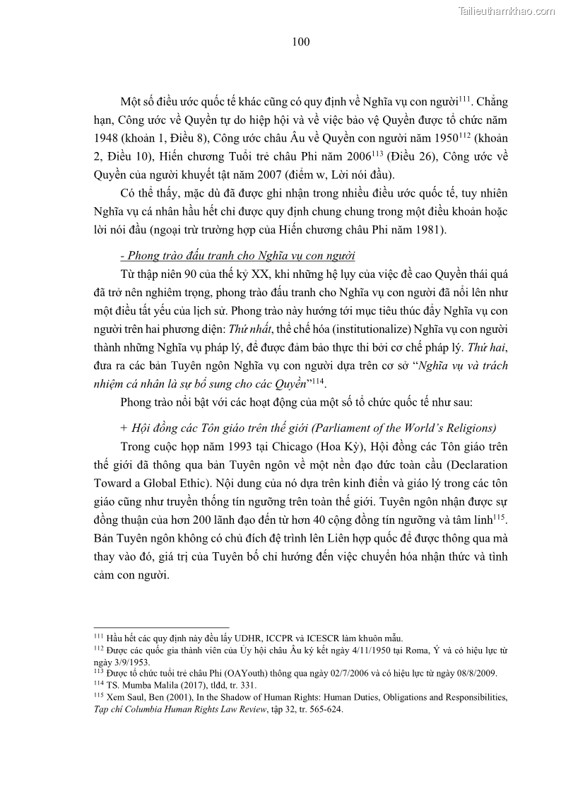 Luận án tiến sĩ luật học Nghĩa vụ con người trong pháp luật quốc tế và pháp luật Việt Nam - 10 Trang 111