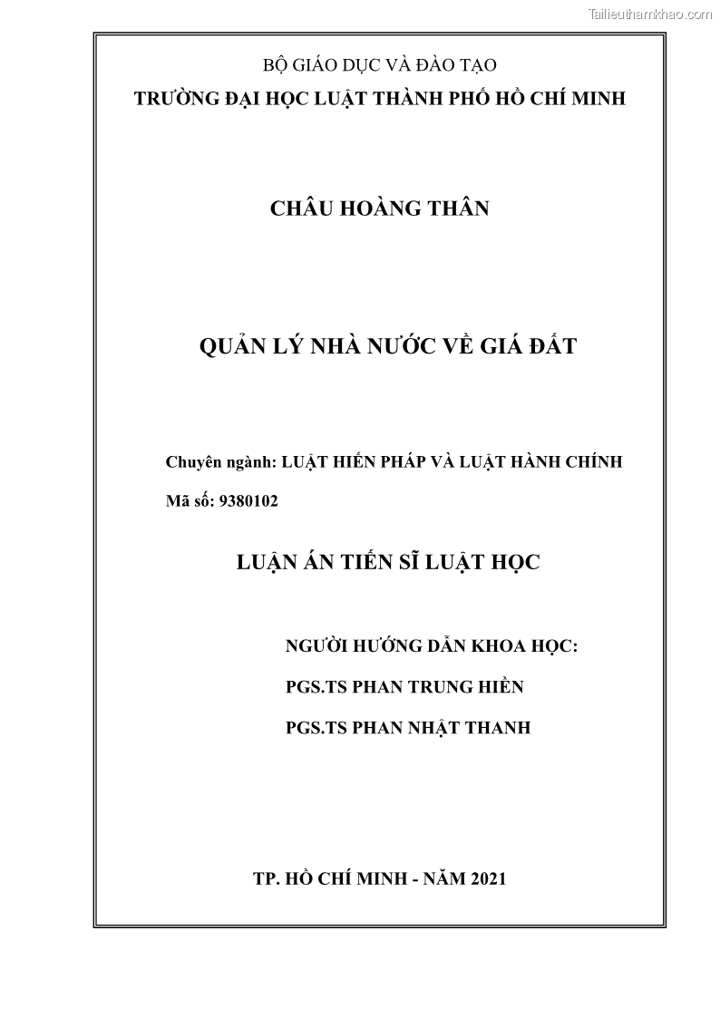 Luận án tiến sĩ luật học Quản lý nhà nước về giá đất - 1 Trang 2