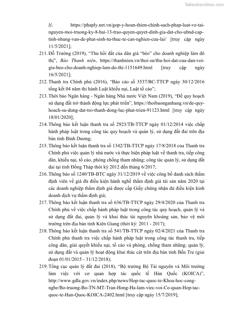 Luận án tiến sĩ luật học Quản lý nhà nước về giá đất - 18 Trang 209