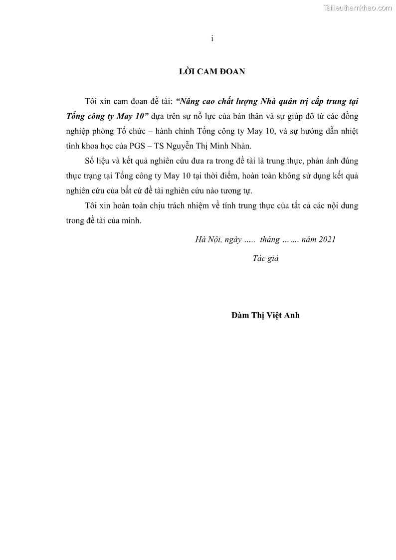 Luận văn thạc sĩ kinh tế Nâng cao chất lượng Nhà quản trị cấp trung tại Tổng công ty May 10 - 1 Trang 3