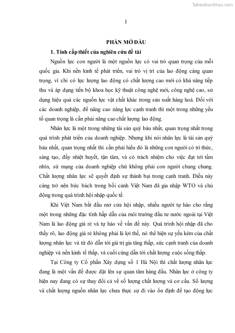 Luận văn thạc sĩ kinh tế Nâng cao chất lượng nhân lực tại Công ty Cổ phần Xây dựng số 1 Hà Nội - 1 Trang 9