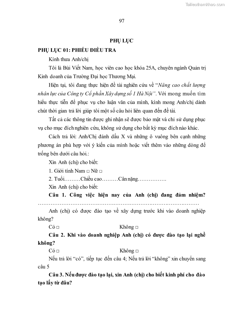 Luận văn thạc sĩ kinh tế Nâng cao chất lượng nhân lực tại Công ty Cổ phần Xây dựng số 1 Hà Nội - 9 Trang 105