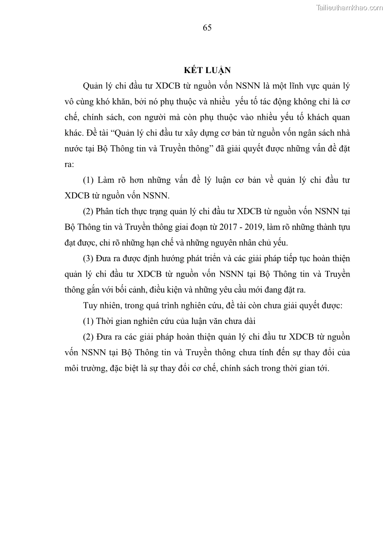 Luận văn thạc sĩ kinh tế Quản lý chi đầu tư xây dựng cơ bản từ nguồn vốn ngân sách nhà nước tại Bộ Thông tin và Truyền thông - 7 Trang 75